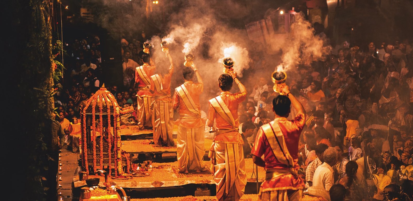 Priest perform Ganga Aarti at Dashashwamedh Ghat at Varanasi, Uttar Pradesh, India